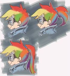 Size: 1095x1173 | Tagged: safe, artist:gmrqor, character:rainbow dash, species:human, alternate hairstyle, crossover, goggles, humanized, overwatch, ponytail, rainbow tracer, tracer