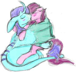 Size: 1119x1061 | Tagged: safe, artist:overlord pony, oc, oc only, species:dracony, species:earth pony, species:kirin, species:pony, blushing, colored, cute, female, happy, hug, hybrid, interspecies, kissing, lesbian, mare, oc x oc, shipping, simple background, sitting, sketch, transparent background, winghug, wings