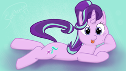 Size: 1920x1080 | Tagged: safe, artist:soctavia, character:starlight glimmer, species:pony, species:unicorn, cheek squish, draw me like one of your french girls, female, happy, lying down, mare, mlem, squishy cheeks, tail lift, tongue out