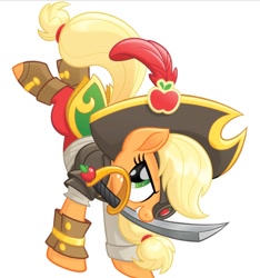 Size: 816x870 | Tagged: safe, artist:unicornsmile, character:applejack, species:earth pony, species:pony, my little pony: the movie (2017), applebucking, clothing, eyepatch, female, freckles, hat, mare, pirate hat, simple background, solo, sword, weapon, white background