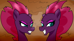 Size: 1024x576 | Tagged: safe, artist:susanzx2000, character:tempest shadow, species:pony, species:unicorn, my little pony: the movie (2017), broken horn, duality, female, shadow, smiley face, solo, watermark