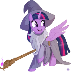 Size: 1000x1019 | Tagged: safe, artist:stasysolitude, character:twilight sparkle, character:twilight sparkle (alicorn), species:alicorn, species:pony, clothing, cosplay, costume, fake beard, female, gandalf, hat, lord of the rings, mare, robe, simple background, smiling, solo, staff, transparent background, wizard, wizard hat