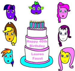 Size: 1212x1144 | Tagged: safe, artist:samueljcollins1990, character:applejack, character:fluttershy, character:pinkie pie, character:rainbow dash, character:rarity, character:spike, character:twilight sparkle, species:dragon, birthday, birthday cake, cake, disembodied head, food, happy birthday, happy birthday lauren faust, head, lauren faust, mane seven, mane six, simple background, white background