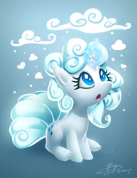 Size: 618x800 | Tagged: safe, artist:imdrunkontea, character:rarity, species:pony, species:unicorn, episode:it isn't the mane thing about you, g4, my little pony: friendship is magic, alola form, alolan vulpix, blue background, cloud mane, crossover, cute, female, gradient background, looking up, magic, open mouth, pokefied, pokémon, raribetes, signature, simple background, solo, species swap, vulpix