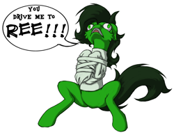 Size: 900x699 | Tagged: safe, artist:ravvij, oc, oc only, oc:anon, oc:filly anon, species:earth pony, species:pony, bondage, cheek fluff, derp, dialogue, female, filly, floppy ears, frown, funny, green, mare, meme, open mouth, reeee, screaming, screech, simple background, sitting, solo, speech bubble, straitjacket, white background, wide eyes, yelling