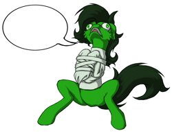 Size: 900x699 | Tagged: safe, artist:ravvij, oc, oc only, oc:filly anon, species:pony, bondage, cheek fluff, female, filly, funny, green, mane, mare, meme, screaming, simple background, solo, straitjacket, tail, white background, wordbubble, yelling