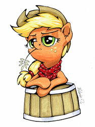 Size: 1024x1365 | Tagged: safe, artist:helmie-d, character:applejack, species:earth pony, species:pony, bucket, bust, clothing, cowboy hat, female, freckles, hat, haystick, mare, portrait, signature, simple background, solo, stetson, straw in mouth, white background