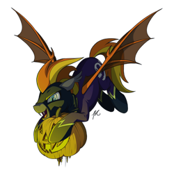 Size: 2008x2000 | Tagged: safe, artist:hexfloog, oc, oc only, oc:blaze (shadowbolt), species:bat pony, species:pony, clothing, commission, costume, fangs, halloween, holiday, jack-o-lantern, male, pumpkin, shadowbolts, shadowbolts costume, simple background, solo, spread wings, stallion, transparent background, wings