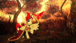 Size: 1920x1080 | Tagged: safe, artist:powdan, character:philomena, character:sunset shimmer, species:alicorn, species:phoenix, species:pony, 3d, alicornified, autumn, female, gmod, mare, race swap, shimmercorn, smiling, sunset shimmer day, tree