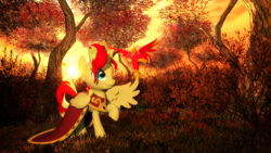 Size: 1920x1080 | Tagged: safe, artist:powdan, character:philomena, character:sunset shimmer, species:alicorn, species:phoenix, species:pony, 3d, alicornified, autumn, clothing, dress, female, gmod, mare, race swap, red, shimmercorn, sunset shimmer day, tree, yellow