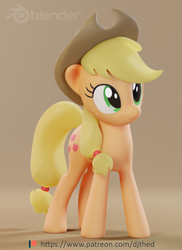Size: 1574x2160 | Tagged: safe, artist:therealdjthed, character:applejack, species:earth pony, species:pony, 3d, 3d model, blender, clothing, cowboy hat, cute, cycles, cycles render, female, hat, jackabetes, mare, model:djthed, patreon, patreon logo, simple background, smiling, solo