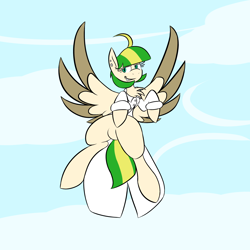 Size: 3000x3000 | Tagged: safe, artist:metalaura, oc, oc only, oc:skyfall, species:pegasus, species:pony, clothing, female, flying, high res, lab coat, mare, solo