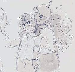 Size: 1280x1233 | Tagged: safe, artist:dotoriii, character:princess luna, character:twilight sparkle, species:anthro, ship:twiluna, female, grayscale, height difference, lesbian, monochrome, shipping, traditional art