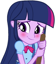 Size: 745x879 | Tagged: safe, artist:thebar, character:twilight sparkle, equestria girls:equestria girls, g4, my little pony: equestria girls, my little pony:equestria girls, bag, blushing, broom, cute, female, simple background, solo, stick, transparent background, twiabetes