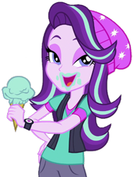 Size: 470x626 | Tagged: safe, artist:thebar, character:starlight glimmer, equestria girls:mirror magic, g4, my little pony: equestria girls, my little pony:equestria girls, spoiler:eqg specials, beanie, bedroom eyes, clothing, female, food, hand on hip, hat, ice cream, looking at you, messy eating, open mouth, simple background, solo, transparent background, vector, vest, watch, wristwatch