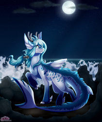 Size: 2600x3100 | Tagged: safe, artist:pinktabico, oc, oc only, oc:cascade, species:dracony, species:pony, commission, female, full moon, hybrid, looking at you, mare, moon, night, night sky, ocean, original species, raised claw, rock, shark pony, sky, smiling, solo, starry night, stars, windswept mane