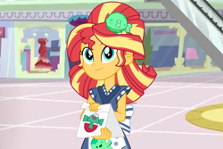 Size: 6000x4000 | Tagged: safe, artist:spottedlions, character:sunset shimmer, episode:good vibes, eqg summertime shorts, g4, my little pony: equestria girls, my little pony:equestria girls, absurd resolution, alternate hairstyle, apron, bag, canterlot mall, clothing, cute, dress, female, happi, indoors, puffer fish, shimmerbetes, smiling, solo, sunset sushi, uniform