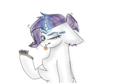 Size: 600x400 | Tagged: safe, artist:sodadoodle, character:rarity, species:pony, species:unicorn, chest fluff, colored sketch, concentrating, eyebrows, eyeshadow, female, floppy ears, hairbrush, magic, makeup, mare, messy bun, messy hair, messy mane, one eye closed, one eye open, simple background, sketch, sketchy, solo, tongue out, white background