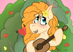 Size: 2000x1450 | Tagged: safe, artist:koonzypony, character:pear butter, apple, flower, food, guitar, heart, note, pear, singing, tree