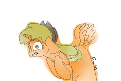 Size: 600x400 | Tagged: safe, artist:sodadoodle, derpibooru original, character:applejack, species:alicorn, species:pony, alicornified, applecorn, bad coloring, clothing, colored sketch, eye scream, floppy ears, freckles, hat, race swap, shocked, shocked expression, signature