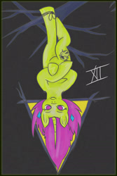 Size: 1100x1650 | Tagged: safe, artist:overlord pony, oc, oc only, oc:nuclear blossom, species:pony, species:unicorn, major arcana, nonbinary, solo, tarot card, the hanged man