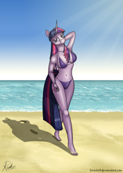 Size: 2480x3508 | Tagged: safe, artist:bcrich40, character:twilight sparkle, character:twilight sparkle (unicorn), species:anthro, species:plantigrade anthro, species:pony, species:unicorn, barefoot, beach, belly button, bikini, clothing, feet, female, high res, looking at you, ocean, sand, solo, swimsuit, wet