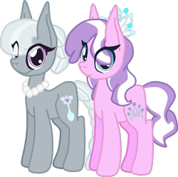 Size: 1133x1127 | Tagged: safe, artist:casanova-mew, character:diamond tiara, character:silver spoon, species:earth pony, species:pony, ship:silvertiara, alternate hairstyle, female, jewelry, lesbian, mare, necklace, older, older diamond tiara, older silver spoon, shipping, simple background, transparent background