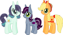 Size: 2067x1150 | Tagged: safe, artist:casanova-mew, character:applejack, character:coloratura, oc, oc:merry tune, parent:applejack, parent:coloratura, parents:rarajack, species:earth pony, species:pony, ship:rarajack, female, lesbian, magical lesbian spawn, mare, offspring, older, shipping, simple background, transparent background
