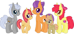 Size: 2593x1227 | Tagged: safe, artist:casanova-mew, character:apple bloom, character:chipcutter, character:tender taps, oc, oc:appleslice trot, oc:violin ballet, parent:apple bloom, parent:tender taps, parents:tenderbloom, species:pony, ship:tenderbloom, bisexual, chipbloom, cutie mark, female, filly, male, offspring, ot3, parents:tendercutbloom, polyamory, shipping, simple background, straight, tendercutbloom, the cmc's cutie marks, transparent background