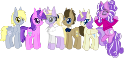Size: 3334x1558 | Tagged: safe, artist:casanova-mew, character:alula, character:amethyst star, character:derpy hooves, character:dinky hooves, character:doctor whooves, character:pluto, character:princess erroria, character:screwball, character:sparkler, character:time turner, species:alicorn, species:earth pony, species:pegasus, species:pony, species:unicorn, ship:derpball, ship:doctorderpy, alternate hairstyle, bisexual, bow tie, derpball, doctorderpball, female, goggles, lesbian, male, mare, older, pluto, screwhooves, shipping, simple background, stallion, straight, transparent background
