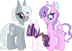 Size: 1578x1123 | Tagged: safe, artist:casanova-mew, character:diamond tiara, character:silver spoon, oc, oc:silver platter, parent:diamond tiara, parent:silver spoon, parents:silvertiara, species:earth pony, species:pony, species:unicorn, ship:silvertiara, alternate hairstyle, female, filly, lesbian, magical lesbian spawn, mare, offspring, older, older diamond tiara, older silver spoon, shipping, simple background, transparent background