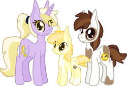 Size: 1734x1170 | Tagged: safe, artist:casanova-mew, character:dinky hooves, character:pipsqueak, oc, oc:banana split, parent:dinky hooves, parent:pipsqueak, parents:dinkysqueak, species:earth pony, species:pony, species:unicorn, ship:dinkysqueak, cute, female, male, mare, offspring, older, shipping, simple background, stallion, straight, transparent background