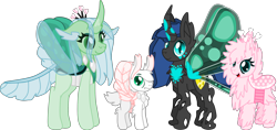 Size: 3042x1441 | Tagged: safe, artist:casanova-mew, character:queen chrysalis, oc, oc only, oc:fluffle puff, oc:holey flutteby, parent:oc:fluffle puff, parent:queen chrysalis, parents:canon x oc, parents:chrysipuff, species:reformed changeling, ship:chrysipuff, canon x oc, changedlingified, female, hybrid, interspecies offspring, lesbian, magical lesbian spawn, offspring, purified chrysalis, shipping, simple background, transparent background