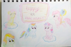 Size: 1239x817 | Tagged: safe, artist:sumi-mlp25, character:fluttershy, character:lightning dust, character:pinkie pie, character:rainbow dash, character:twilight sparkle, species:earth pony, species:pegasus, species:pony, species:unicorn, 7th anniversary, balloon, cloud, cutie mark, eyes closed, female, floating, glowing horn, happy birthday mlp:fim, hooves, horn, levitation, magic, mare, mlp fim's seventh anniversary, on a cloud, one eye closed, sitting, sitting on a cloud, sky, telekinesis, text, then watch her balloons lift her up to the sky, traditional art, wings