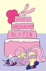 Size: 3000x4576 | Tagged: safe, artist:metalaura, character:fluttershy, character:pinkie pie, character:twilight sparkle, character:twilight sparkle (alicorn), species:alicorn, species:pony, belly, cake, chubby, food, happy birthday mlp:fim, horn, mlp fim's seventh anniversary, stuffed, wings