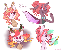 Size: 1024x853 | Tagged: safe, artist:flourret, oc, oc only, oc:serena, parent:princess celestia, parent:thorax, parents:thoralestia, species:changeling, species:changepony, species:pony, species:reformed changeling, species:unicorn, female, forked tongue, hybrid, magic, mirror, offspring, solo