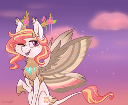 Size: 1024x841 | Tagged: safe, artist:flourret, oc, oc only, oc:serena, parent:princess celestia, parent:thorax, parents:thoralestia, species:changepony, female, hybrid, offspring, one eye closed, raised hoof, solo, wink