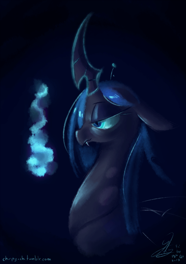 Size: 600x849 | Tagged: safe, artist:chirpy-chi, oc, oc only, oc:queen chalybeous, species:changeling, animated, blue changeling, changeling queen, changeling queen oc, female, fire, floppy ears, gif, glowing horn, pyrokinesis, solo