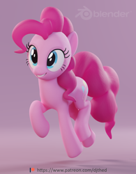 Size: 1688x2160 | Tagged: safe, artist:therealdjthed, character:pinkie pie, species:earth pony, species:pony, 3d, 3d model, blender, cycles, cycles render, egghead, female, jumping, mare, model:djthed, patreon, patreon logo, simple background, smiling, solo