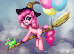 Size: 2200x1600 | Tagged: safe, artist:hardbrony, character:gummy, character:pinkie pie, species:pony, balloon, broom, clothing, female, flying, flying broomstick, halloween, hat, holiday, mare, missing cutie mark, smiling, witch, witch hat