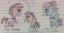 Size: 1951x1021 | Tagged: safe, artist:smurfettyblue, derpibooru original, character:aunt holiday, character:auntie lofty, character:scootaloo, species:pegasus, species:pony, ship:lofty day, artist interpretation, aunt and niece, female, lesbian, shipping, traditional art