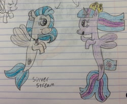 Size: 2172x1794 | Tagged: safe, artist:smurfettyblue, derpibooru original, character:silverstream, character:twilight sparkle, character:twilight sparkle (alicorn), species:alicorn, species:pony, species:seapony (g4), episode:school daze, episode:surf and/or turf, g4, my little pony: friendship is magic, my little pony: the movie (2017), season 8, duo, jewelry, looking at each other, necklace, seaponified, seapony twilight, species swap, traditional art