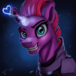 Size: 1200x1200 | Tagged: safe, artist:vittorionobile, character:tempest shadow, species:pony, species:unicorn, my little pony: the movie (2017), broken horn, evil grin, eye scar, female, gradient background, grin, happy, heart, horn, looking at you, mare, pretty pretty tempest, scar, smiling, smirk, solo, sparking horn