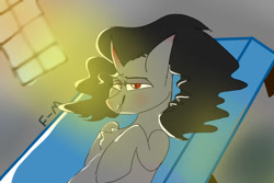 Size: 600x400 | Tagged: safe, artist:sodadoodle, character:king sombra, bed, bedroom eyes, blushing, cheap background, chest fluff, looking at you, lying down, on back, queen umbra, rule 63, sun ray, window