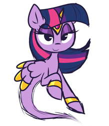 Size: 785x899 | Tagged: safe, artist:lilboulder, character:twilight sparkle, character:twilight sparkle (alicorn), species:alicorn, species:pony, armband, ask genie twilight, female, genie, genie pony, headband, horn cap, lidded eyes, mare, simple background, smiling, solo, white background, wing jewelry