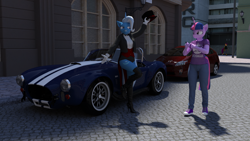 Size: 2200x1238 | Tagged: safe, artist:jawolfadultishart, character:scootaloo, character:trixie, character:twilight sparkle, species:anthro, species:pegasus, species:plantigrade anthro, species:pony, 3d, boots, bow tie, car, clothing, daz studio, fishnets, hat, high heel boots, jeans, leotard, magician outfit, pants, phone, shelby cobra, shirt, shoes, show off, sneakers, t-shirt, tailcoat, thigh boots, top hat, toyota prius, tuxedo, vest