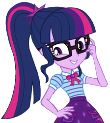 Size: 919x1027 | Tagged: safe, artist:thebar, edit, edited screencap, screencap, character:twilight sparkle, character:twilight sparkle (scitwi), species:eqg human, episode:star crossed, g4, my little pony: equestria girls, my little pony:equestria girls, background removed, bow tie, cute, female, geode of telekinesis, glasses, hand on hip, jewelry, not a vector, pendant, ponytail, simple background, smiling, solo, transparent background, twiabetes
