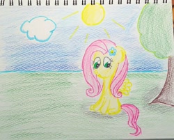 Size: 1184x950 | Tagged: safe, artist:sumi-mlp25, character:fluttershy, species:pegasus, species:pony, female, flower, flower in hair, grass, looking at you, sitting, smiling, solo, traditional art, tree