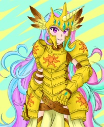 Size: 2893x3521 | Tagged: safe, artist:dragonemperror2810, character:princess celestia, species:human, armor, female, helmet, humanized, looking at you, multicolored hair, praise the sun, purple eyes, smiling, solo, warrior celestia