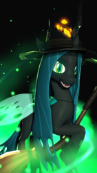 Size: 1080x1920 | Tagged: safe, artist:powdan, character:queen chrysalis, species:changeling, 3d, broom, changeling queen, clothing, female, flying, flying broomstick, gmod, halloween, hat, holiday, looking at you, smiling, solo, source filmmaker, updated, witch, witch hat